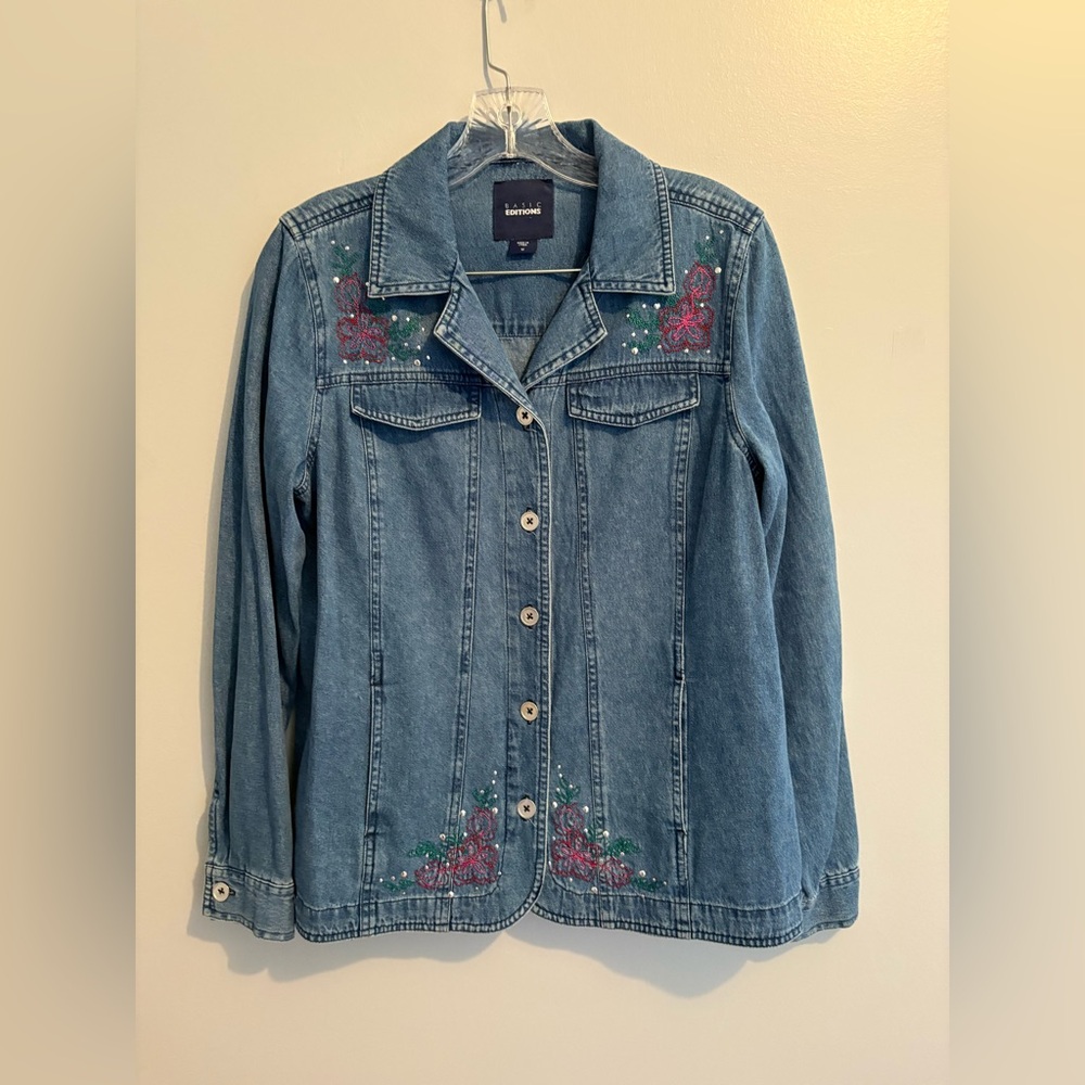 Basic Editions Denim Jacket Embroidered Beaded Fl… - image 1